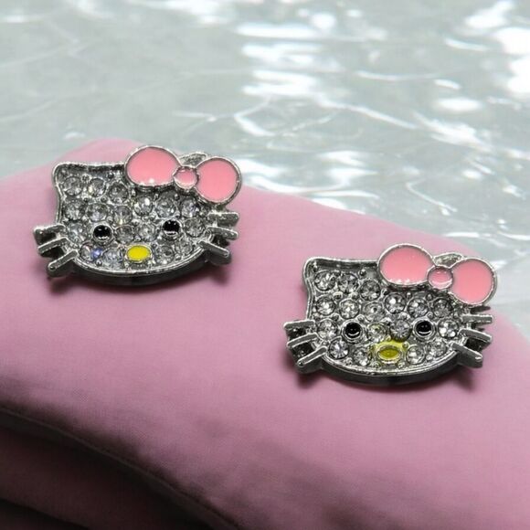 Hello Kitty Earrings Rhinestone Enamel Pink Bow Pierced Ears Cat Studs Jewelry - Picture 4 of 8